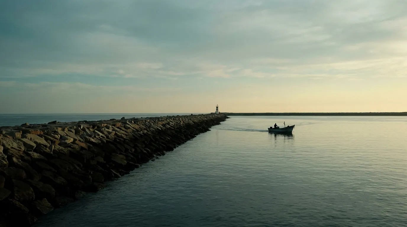 Stone breakwater and lighthouse at the mouth of an Atlantic harbour at dusk