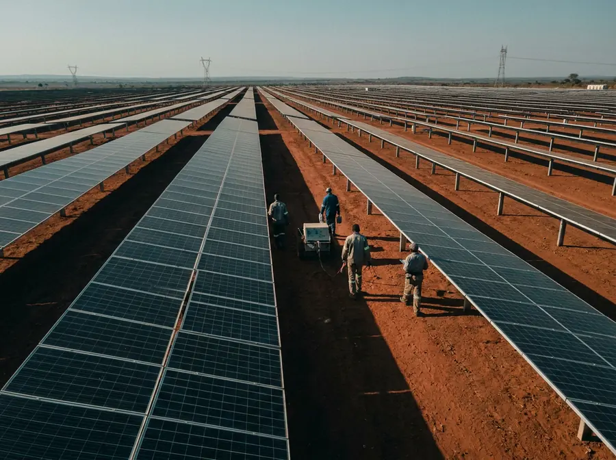 Technicians walking between rows of solar panels at a utility-scale plant
