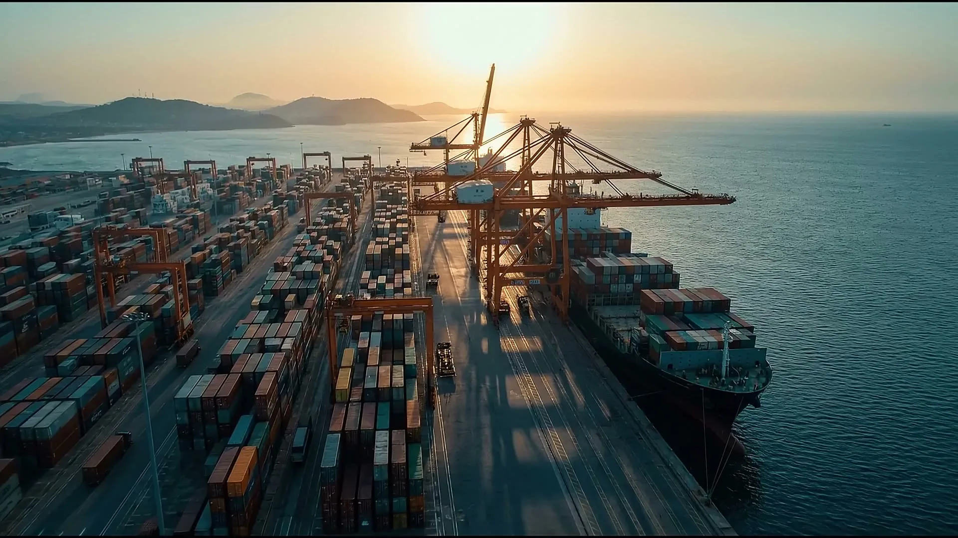 Aerial view of a deep-water Atlantic container port at dusk
