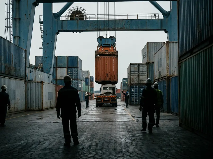 Workers in a container terminal as a gantry crane lifts a container onto a truck