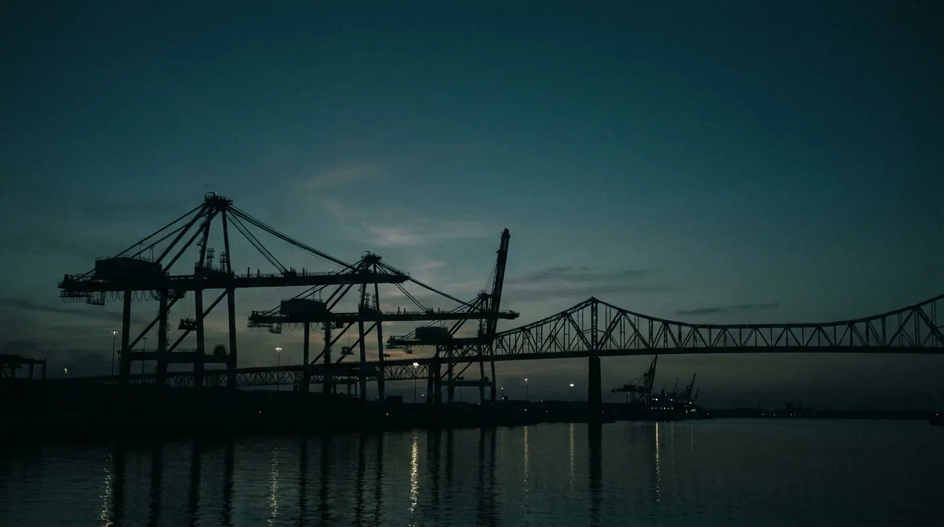 Container-port cranes and a steel truss bridge silhouetted over calm water at dusk